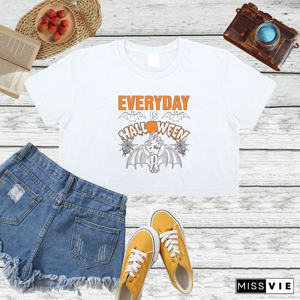 Crew Neck Halloween Letter Print Short Sleeve Crop Tops