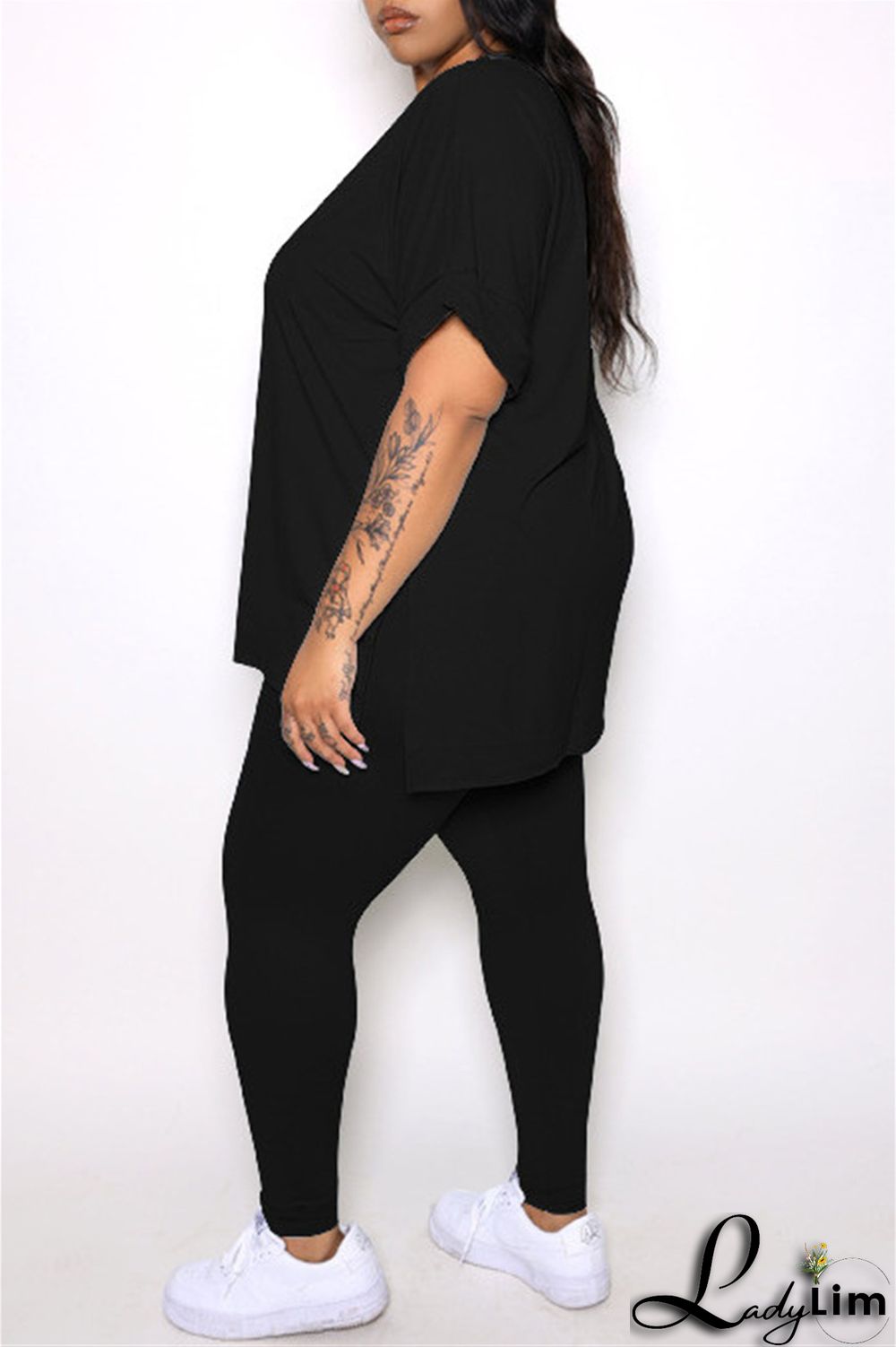 Tibetan Blue Fashion Casual Solid Slit V Neck Plus Size Two Pieces