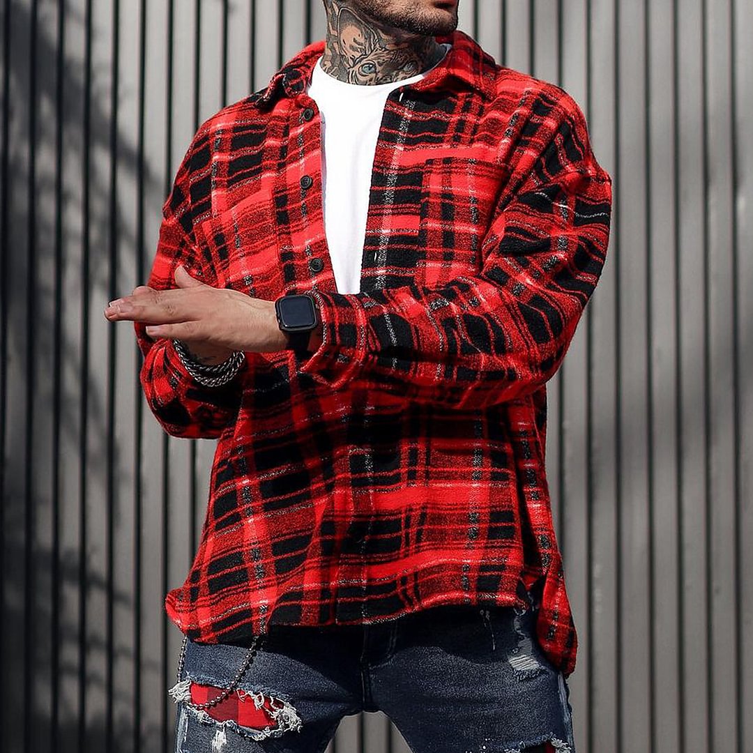 Men's Geometric Lattice Textured Pattern Long-sleeved Shirt/jacket