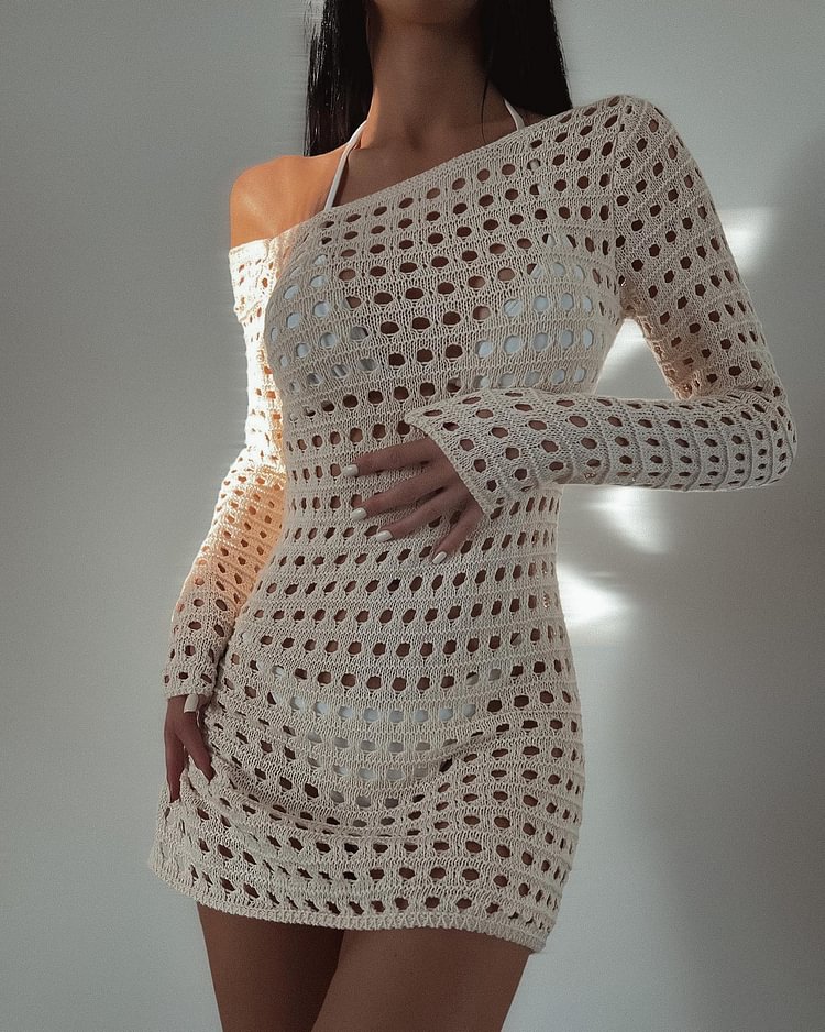Long Sleeve Fishnet Knit Mini Dress