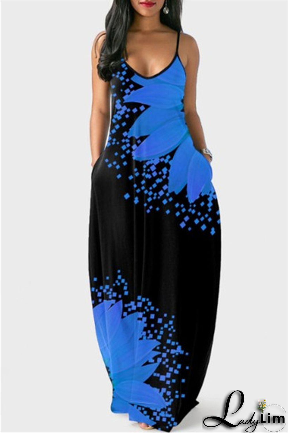 Yellow Fashion Sexy Print Backless Spaghetti Strap Long Dress