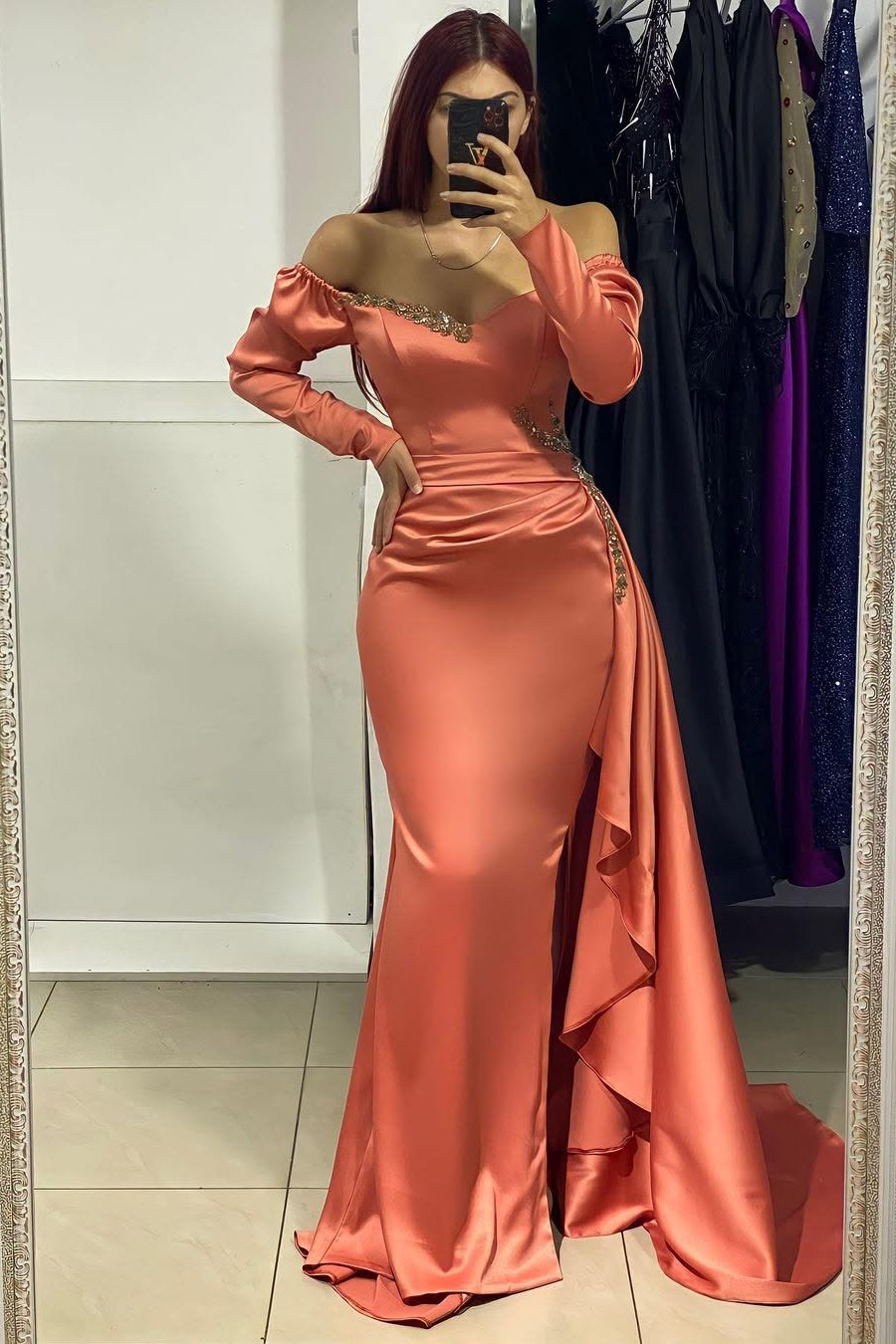 Lisliy Long Sleeves V-Neck Beads Mermaid Pleated Prom Dress