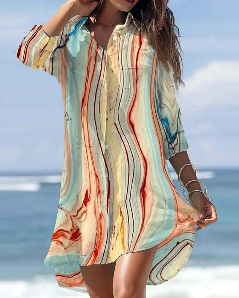 Casual Long Sleeve Printed Shirt Dress