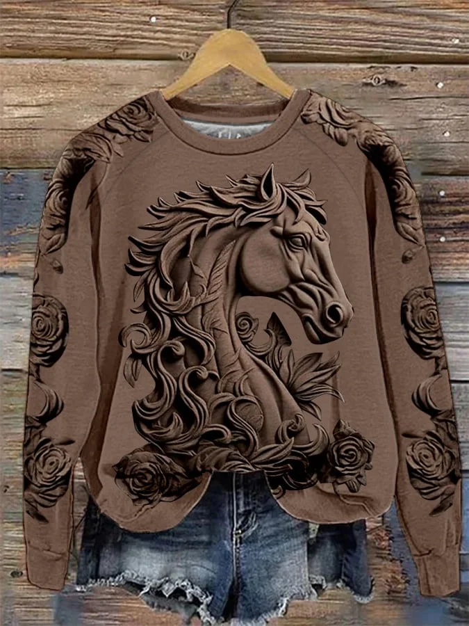 Women's Western Three-Dimensional Embossed Horse Print Round Neck Raglan Sweatshirt