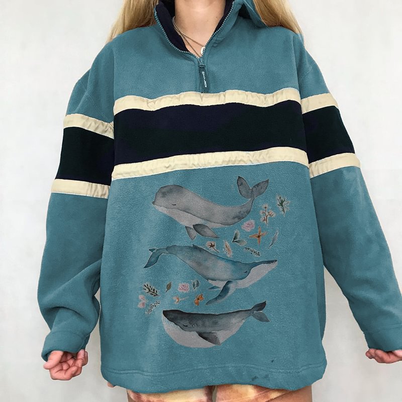 Vintage Casual Long-sleeved Contrast Whale Print Sweatshirt