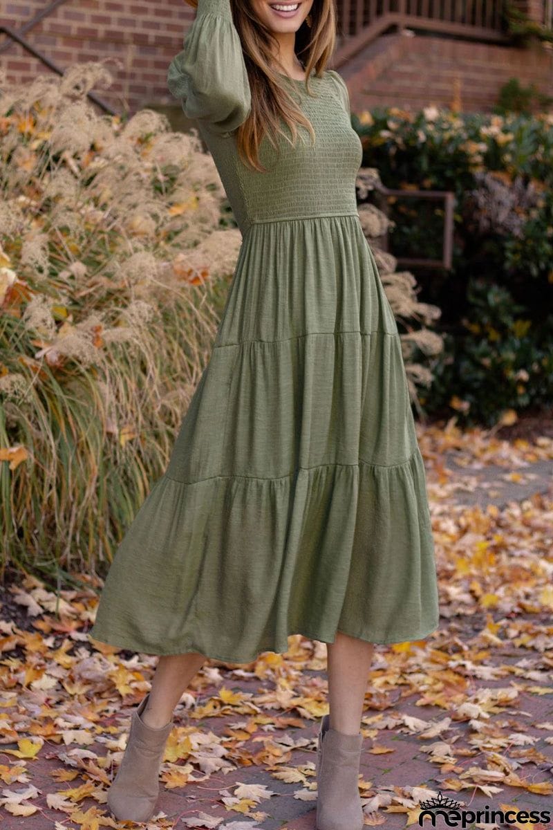 Sweet Elegant Fold Solid Color O Neck A Line Dresses(3 Colors)