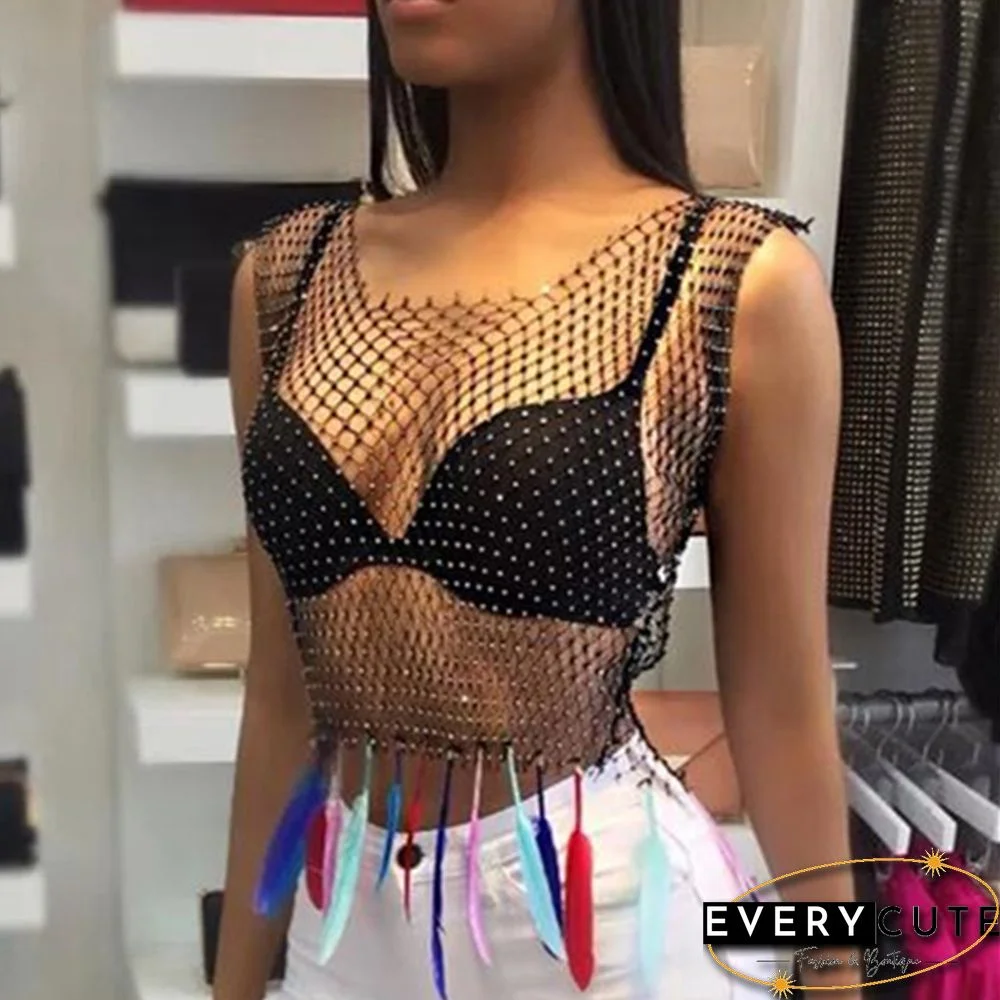 Black Rhinestone Mesh Hollow-out V Neck Crop Top