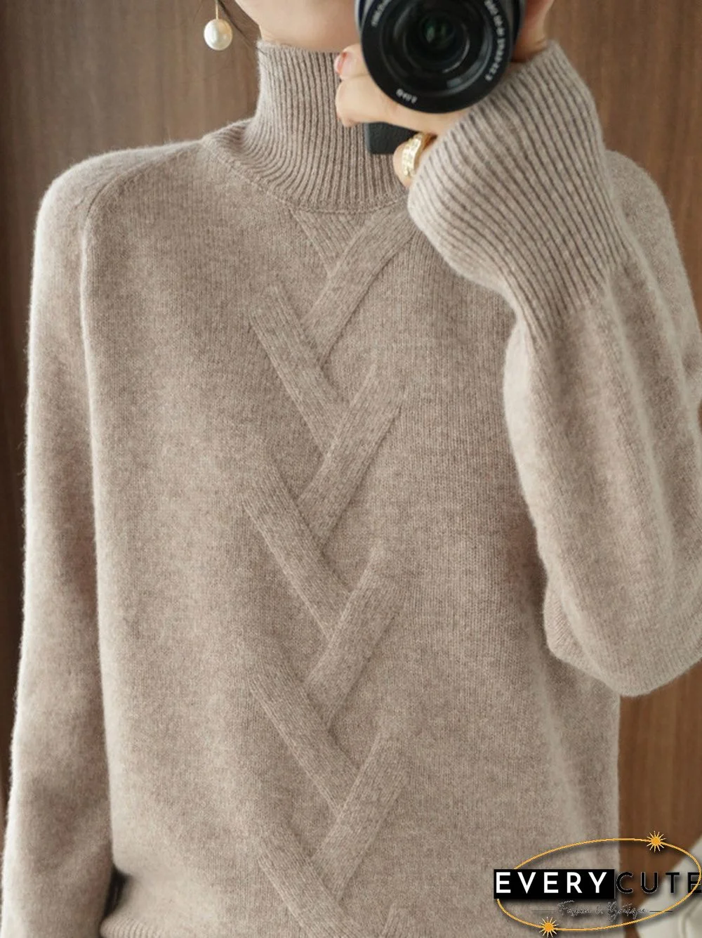 Casual Loose Long Sleeves Solid Color High-Neck Sweater Tops