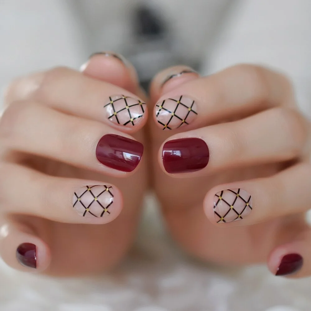 Natural Faux Ongles Dark Maroon Red Gorgeous French Tip Glossy Top Square Medium Size Tips for Daily