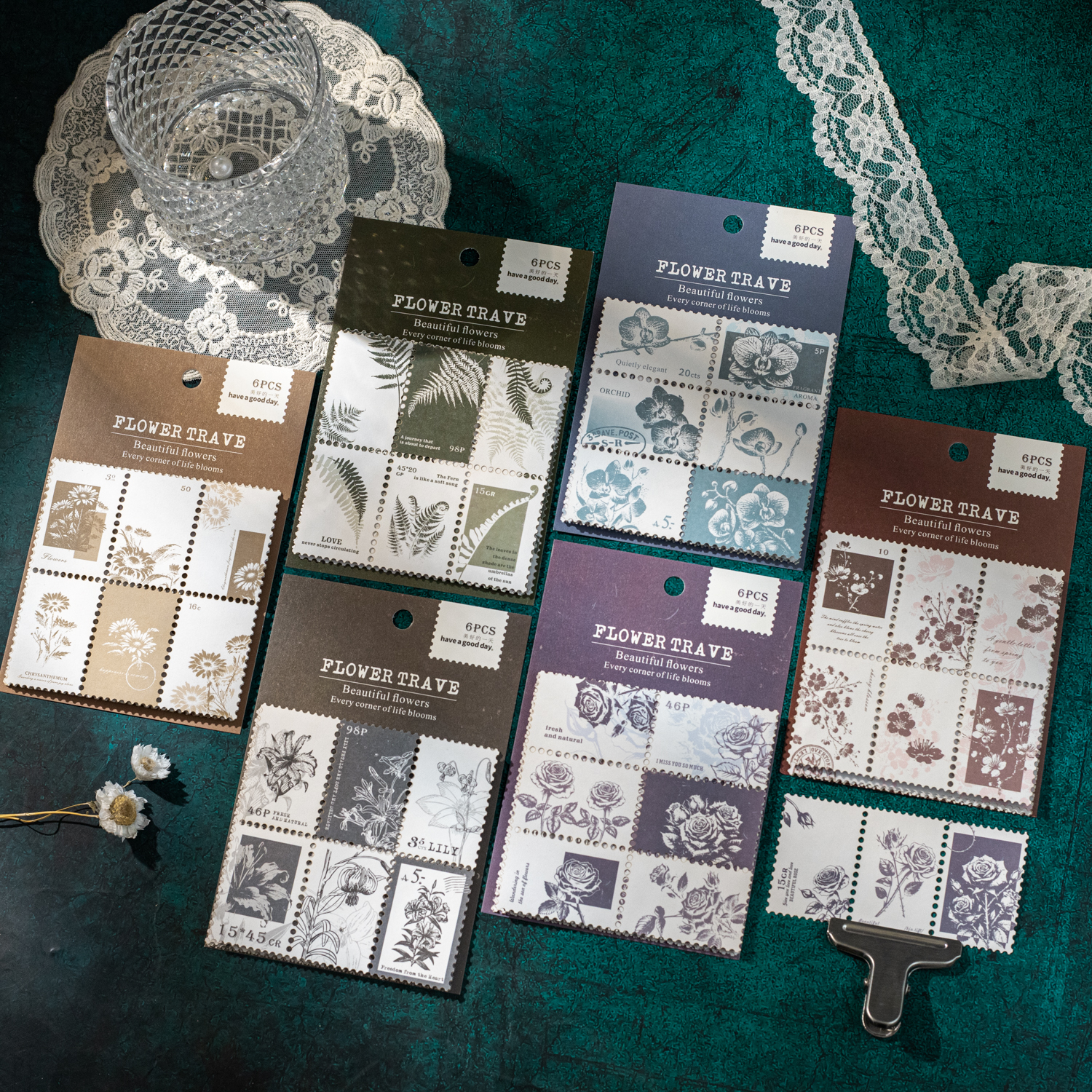 스티커 - 플라워 트래블 시리즈 빈티지 식물 꽃무늬 스탬프 청구서