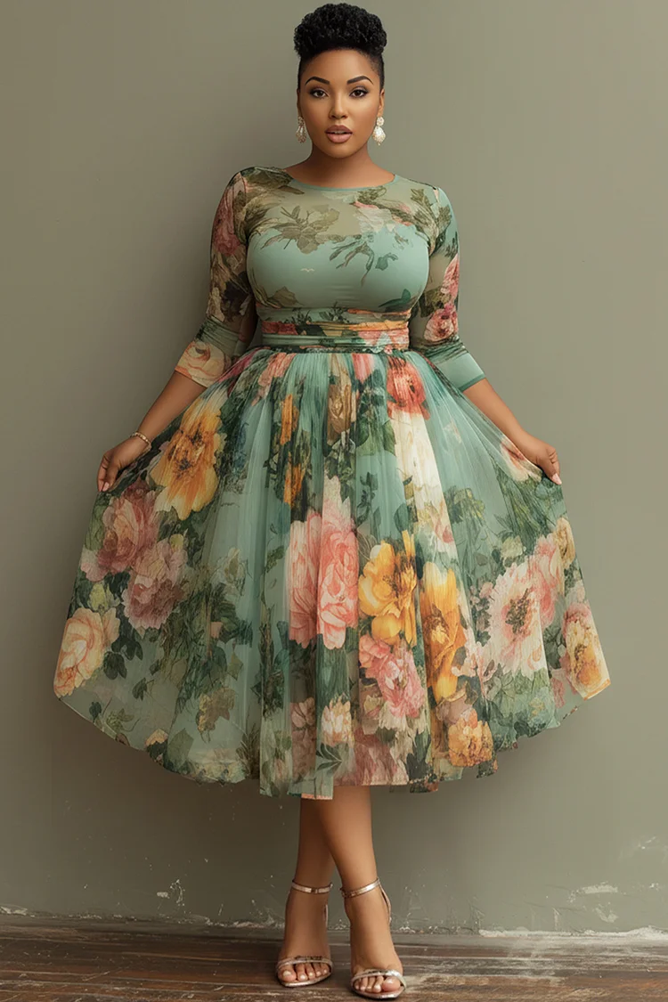 Xpluswear Design Plus Size Vacation Sage Green Floral Round Neck 3/4 Sleeve See Through Tulle Midi Dresses [Pre-Order]