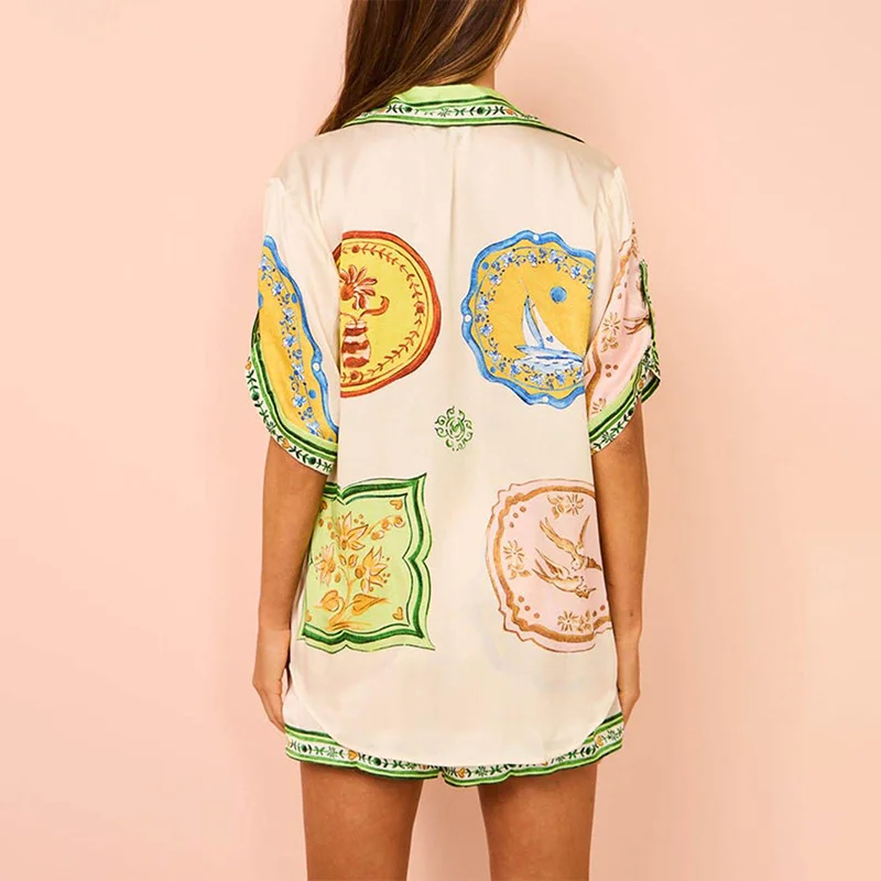 Uveng Uveng Women's New Temperament Casual Print Shirt Short Sleeve Tight Waist Button Shorts Suit