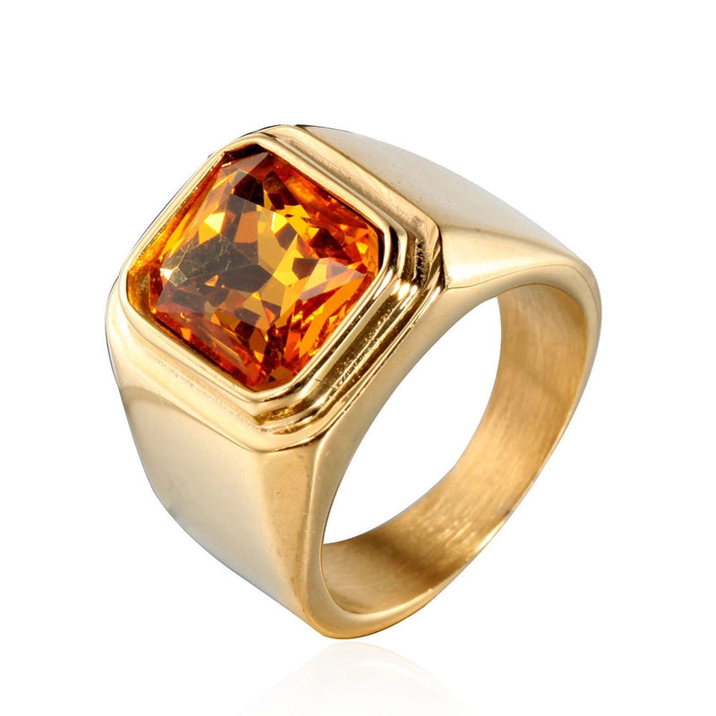 Retro Square Titanium Steel Inlay Gem Glass Stone 18K Gold Plated Men’S Rings