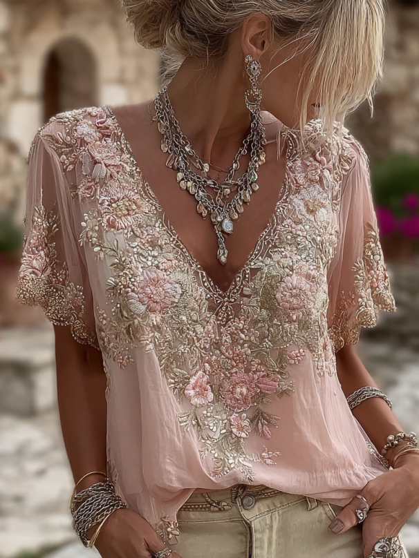 Women's Floral Embroidered Art V-neck Short Sleeved Linen Blend T-shirt wearshes