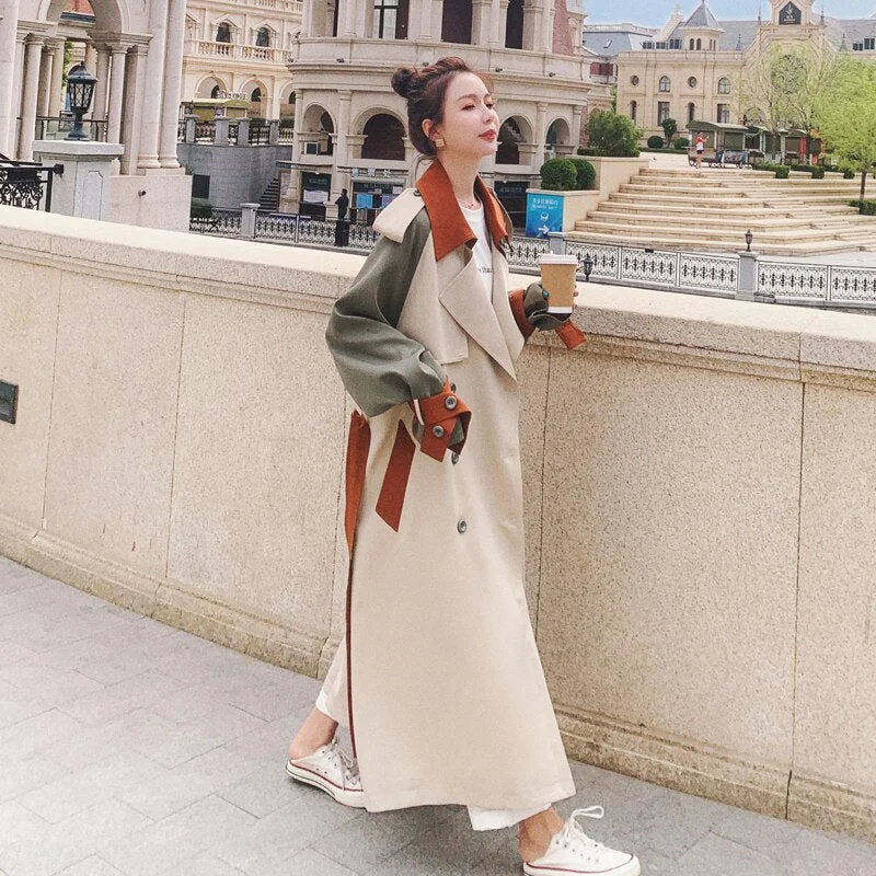Brand New Fashion Women Trench Coat  Long Patchwork Double-Breasted with Belt Lady Duster Coat Female Cloak Spring Autumn