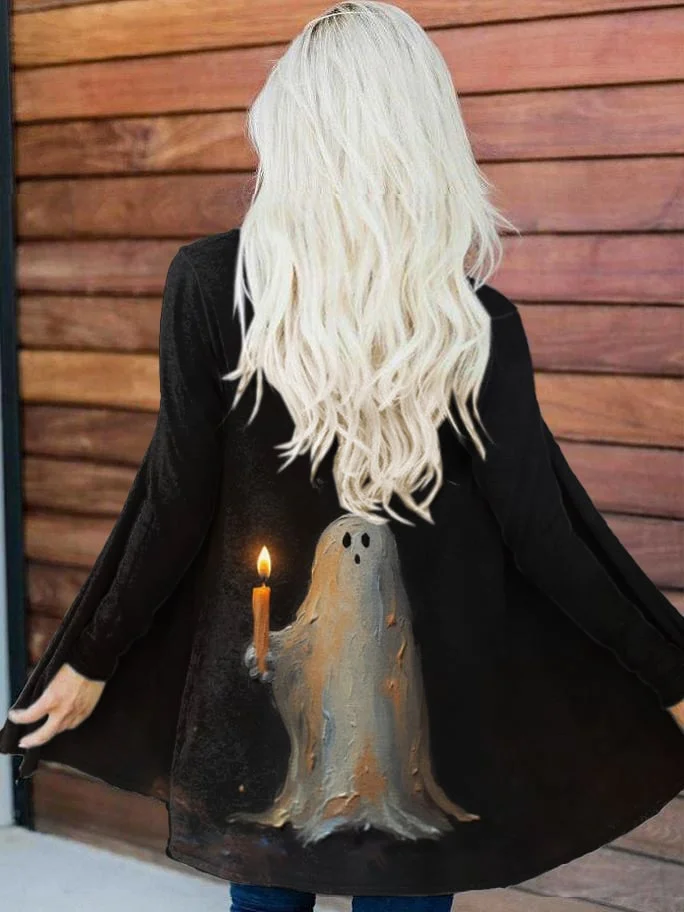 Retro Ghost Painting Candle Print Long Sleeve Cardigan