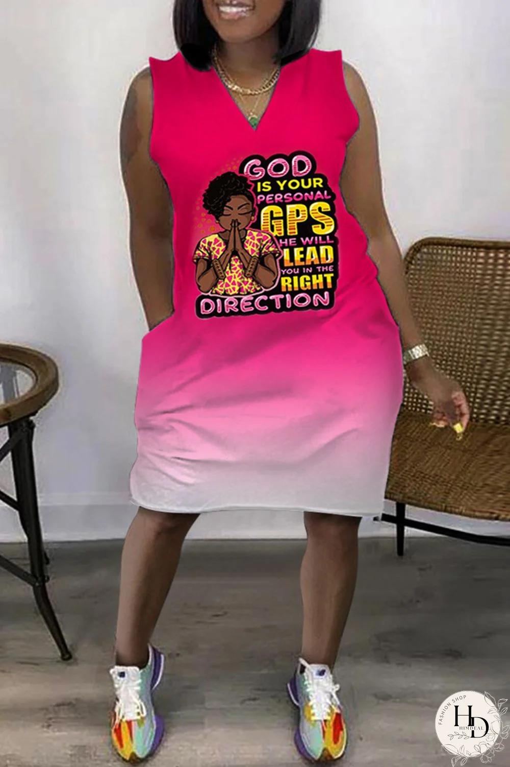 Black Fashion Casual Print Patchwork V Neck Sleeveless Plus Size Dress