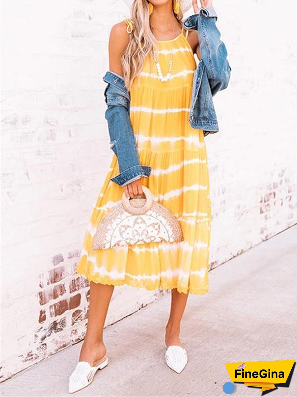 Beach Casual Yellow Tie-Dye Women Dress
