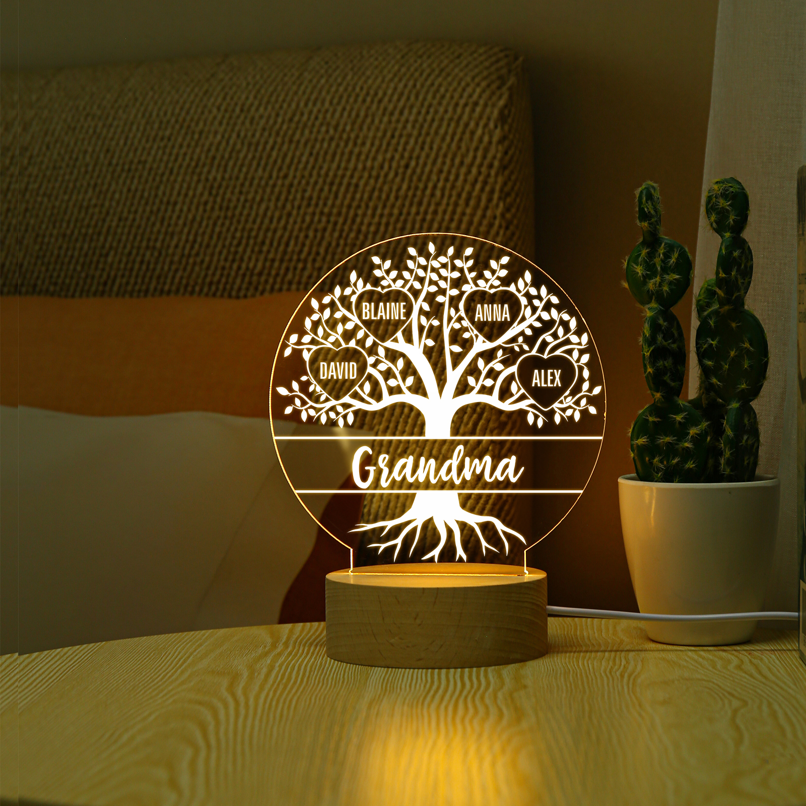 À ma Mamie/Maman - Lampe de chevet Arbre de vie LED Lumières 5 Prénoms Personnalisés pour Famille