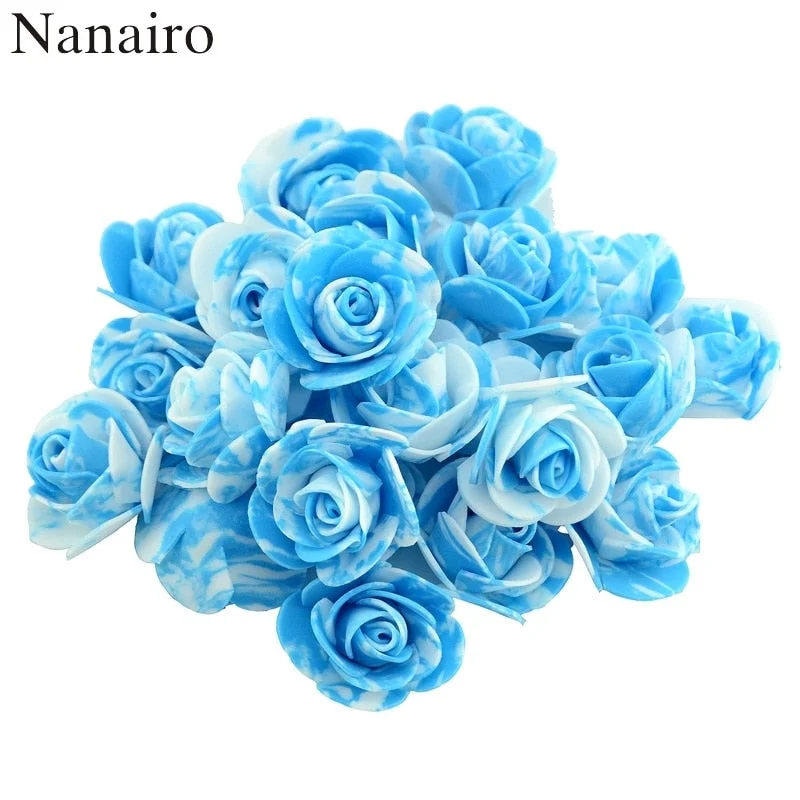 50pcs 3cm Mini PE Foam Artificial Marbling Rose Flower Head For DIY Wedding Home Decor Flower Wall Accessories Fake Flowers