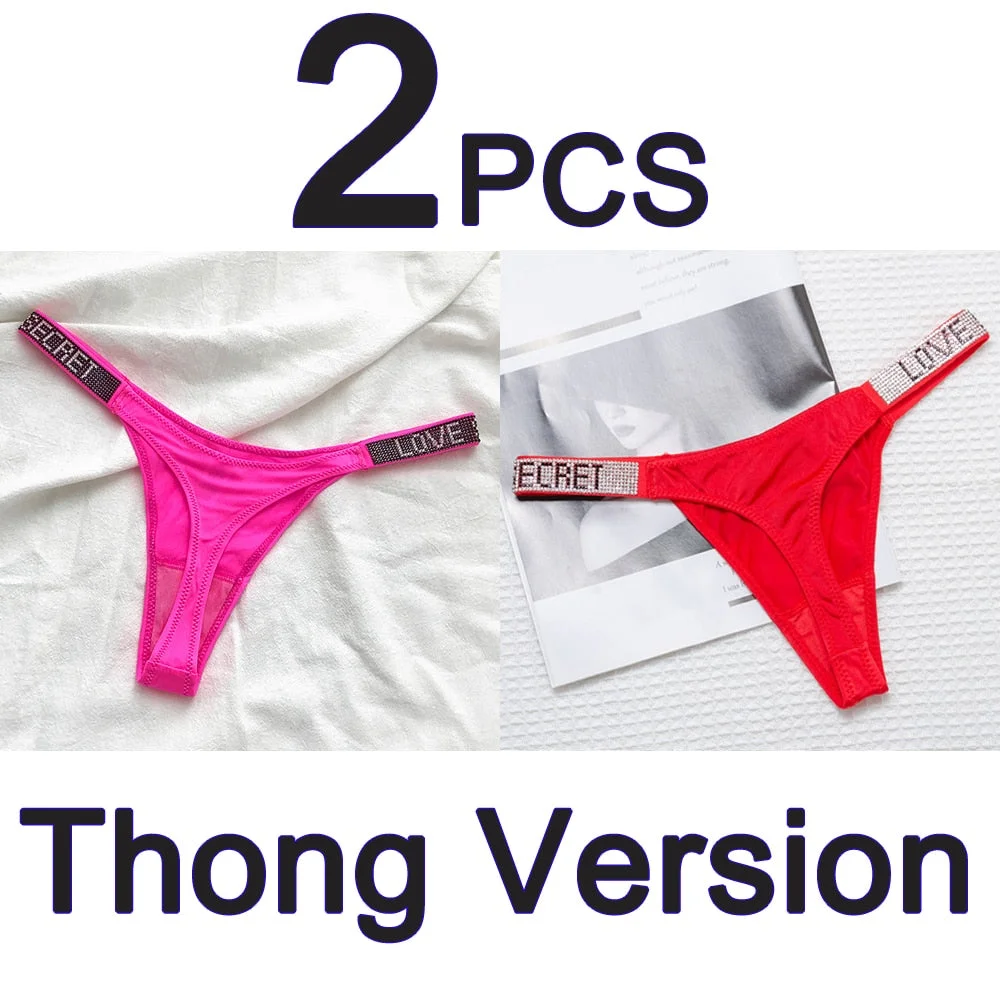 2PCS Sexy Low Waist Panties G String Comfort Satin Underwear Women Rhinestone High Fork Thong Seamless Intimates Lingerie Cotton