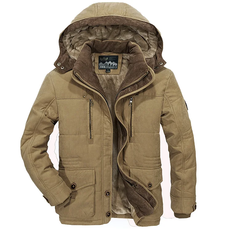 Men's Winter Mid-length Fleece Thickened Windproof Warm Hooded Down Jacket