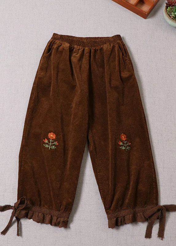 Handmade Coffee Embroideried Lace Patchwork Corduroy Pants Winter