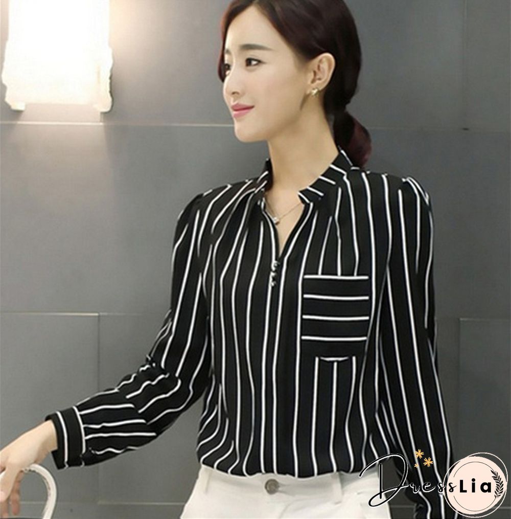 Women Blouses Plus Size Temperament Thin Long Sleeved Shirt Pocket Lapel Loose Chiffon Top