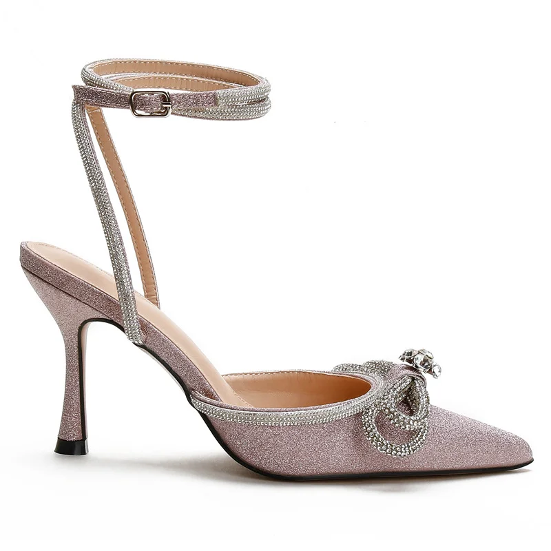 85mm Women's Stiletto Heel Ankle Strap Glitter Pumps Pointed Toe Diamond High Heels Sandals Summer Banquet Daily Wedding Shoes-MERUMOTE