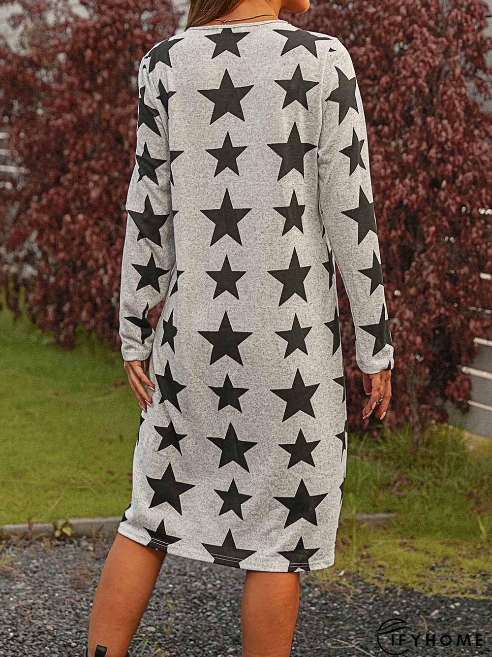 Gray Long Sleeve Cotton-Blend Geometric Shift Knitting Dress | IFYHOME