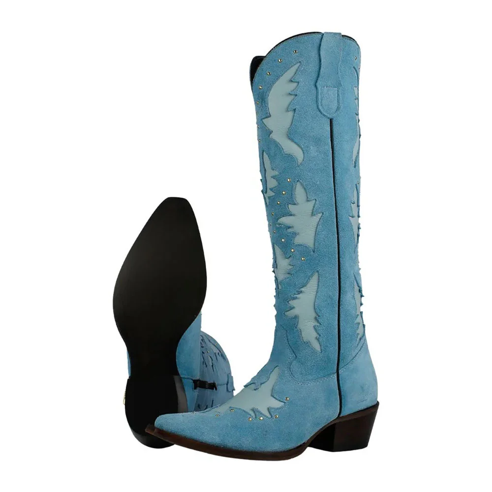 Blue Block Heel Patchwork Studded Knee High Cowgirl Boots for Women