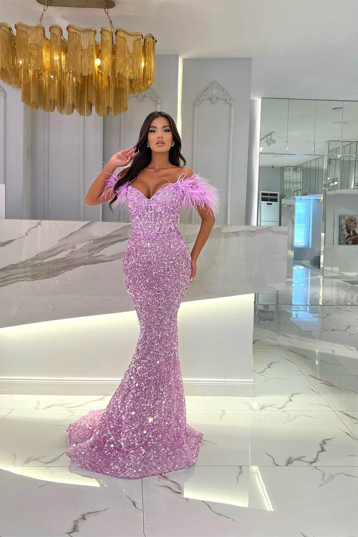 Bellasprom Lilac Off-The-Shoulder Sweetheart Mermaid Prom Dress With Sequins Feathers Bellasprom
