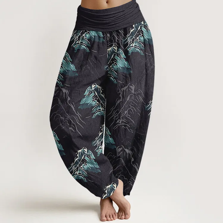 Cotton Vivid Emerald-green Mountains Women's Elastic Waist Harem Pants