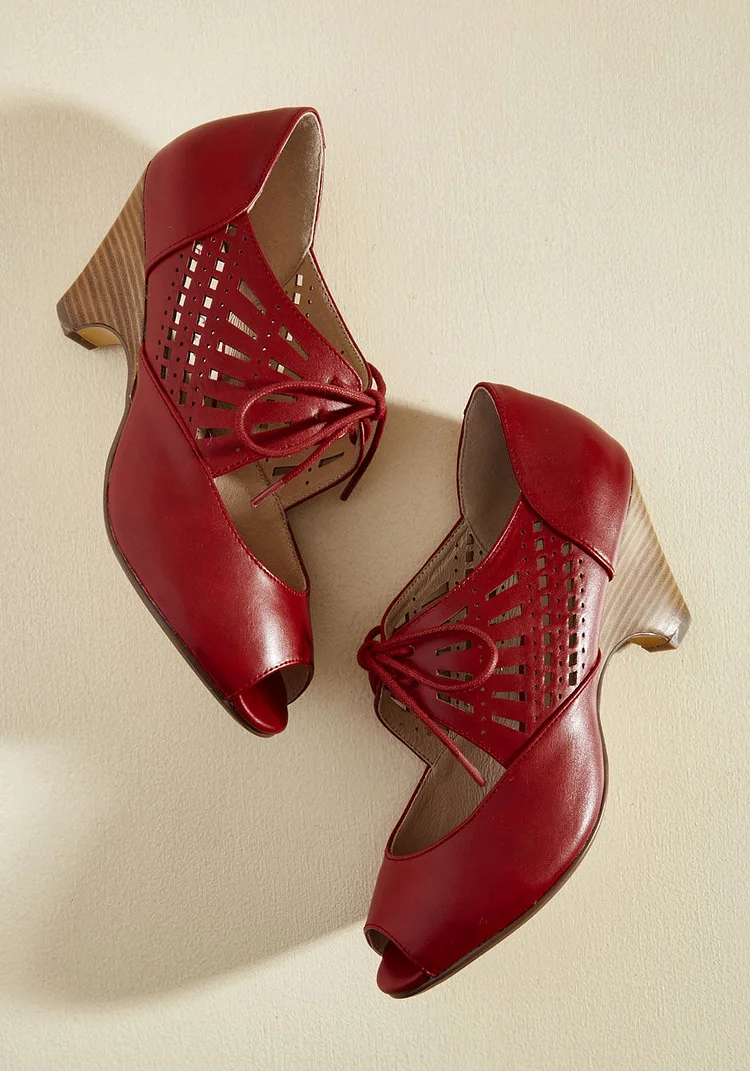 Burgundy Cone Heel Lace up Peep Toe Vintage Shoes Vdcoo