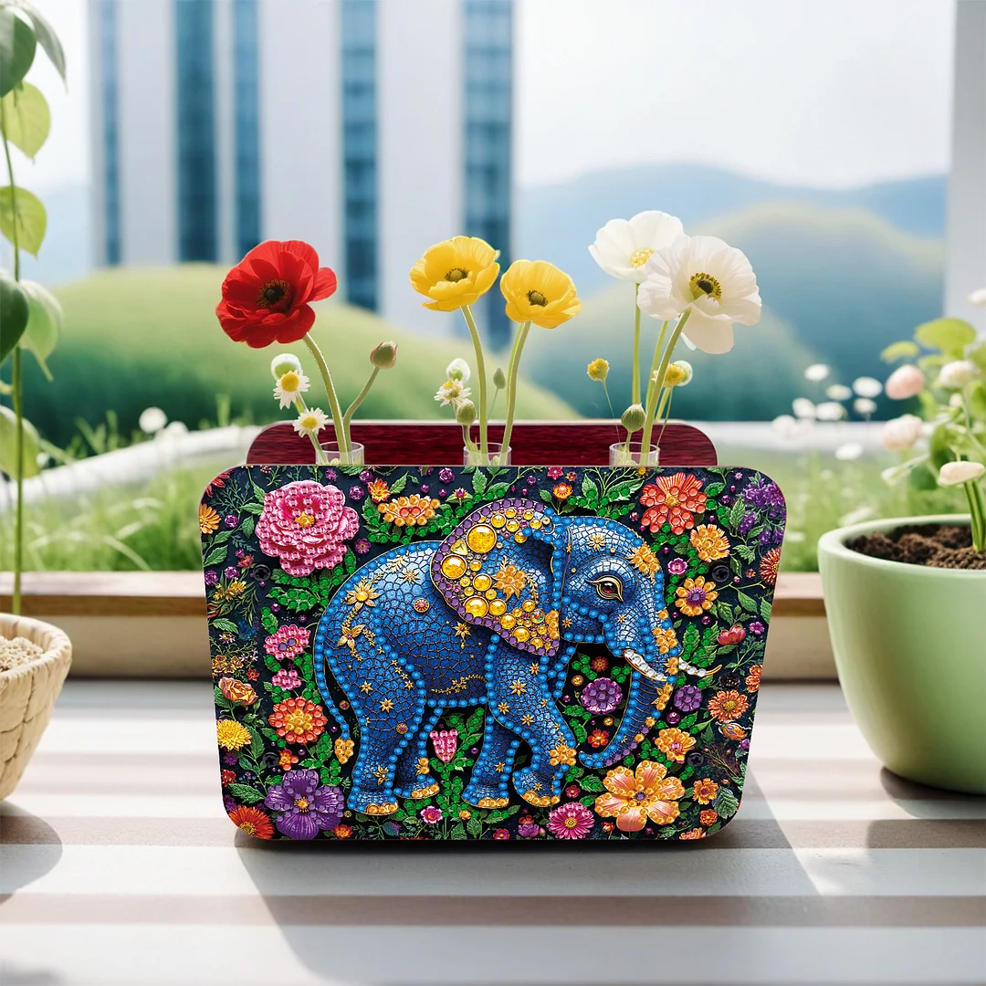 Elephant DIY Flower Vase Wooden Double Sided Desktop Diamond Art Kit Home Decor