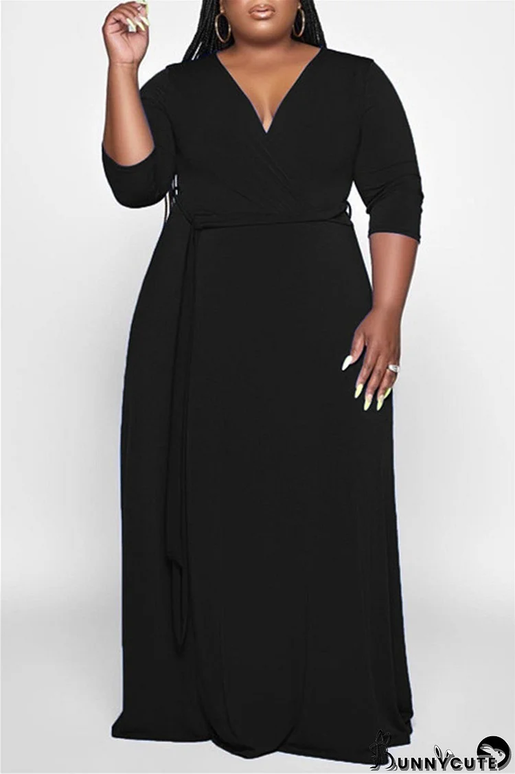 Black Fashion Casual Solid Basic V Neck Long Dress Plus Size Dresses