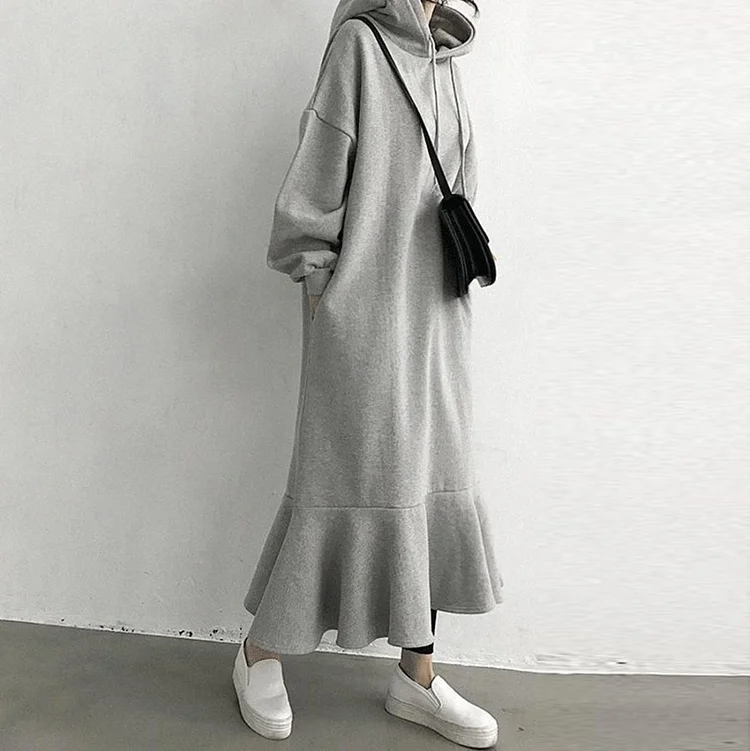 Loose Hooded Long Sleeve Sweatshirt Dress - yankia