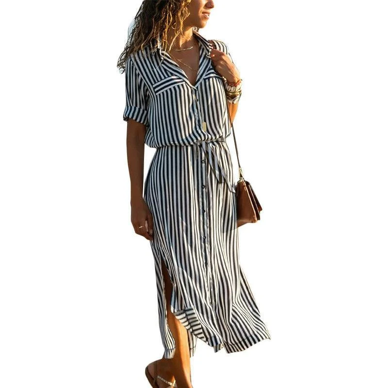 Women Summer Long Sleeve Colorful Striped Maxi Dress Female Viogue Shirtdress  V neck Long Slit Dresses Clubwear New 2023