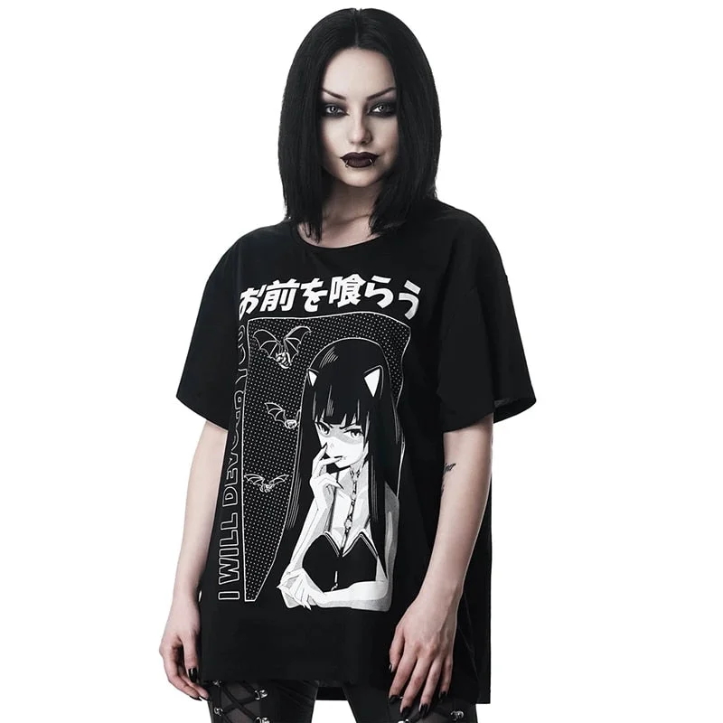 InsGoth Harajuku Loose Long T-shirts Women Gothic Streetwear Oversize Black T-shirts Grunge Printed Fashion Female Vintage Tops