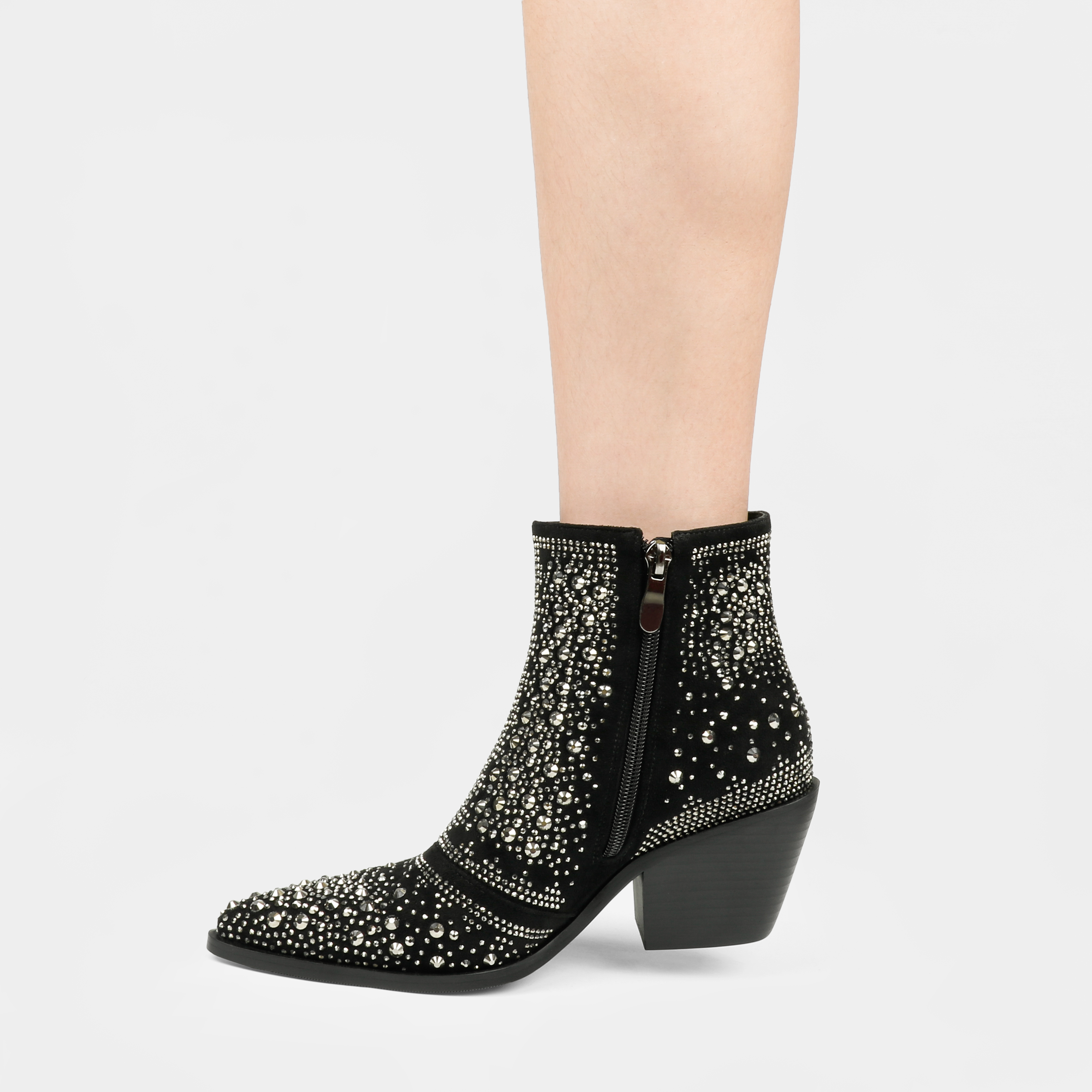 2.56" Women's Rhinestone Western Cowboy Boots Pointed Toe Block Heel Sparkly Ankle Boots-MERUMOTE