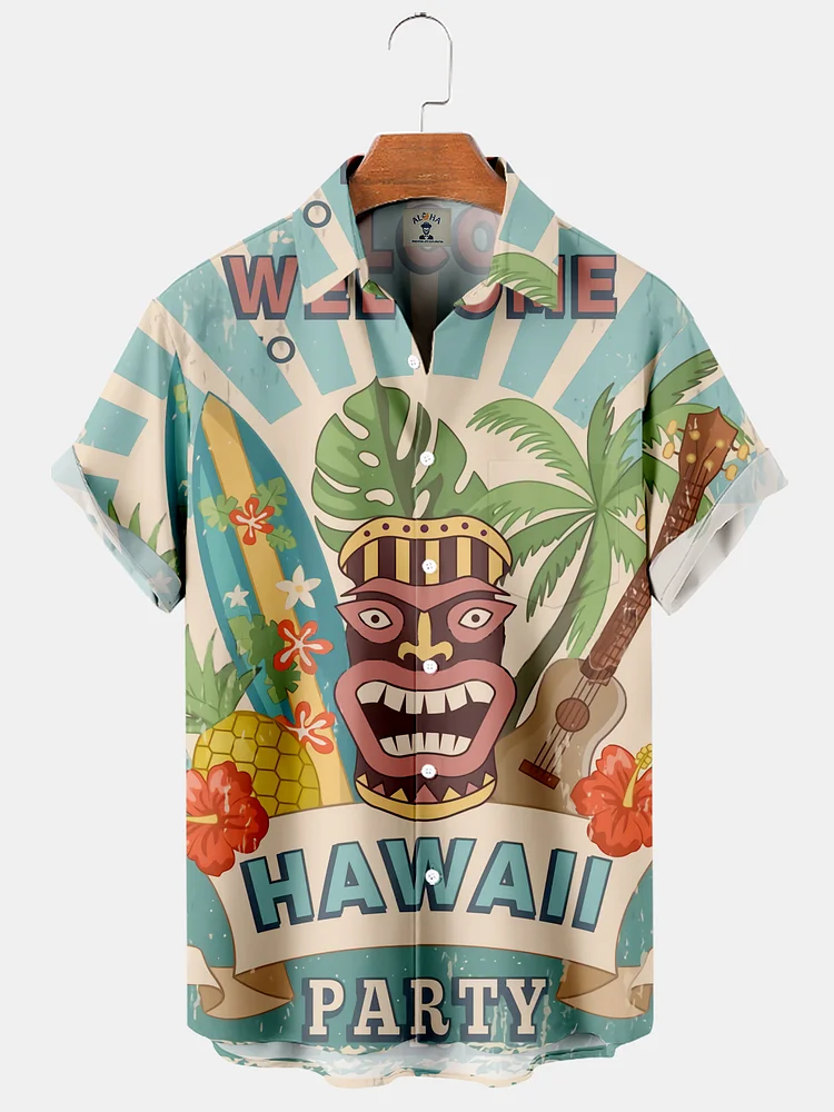 Men's Casual Hawaiian TIKI Mask Print Short Sleeve Shirt