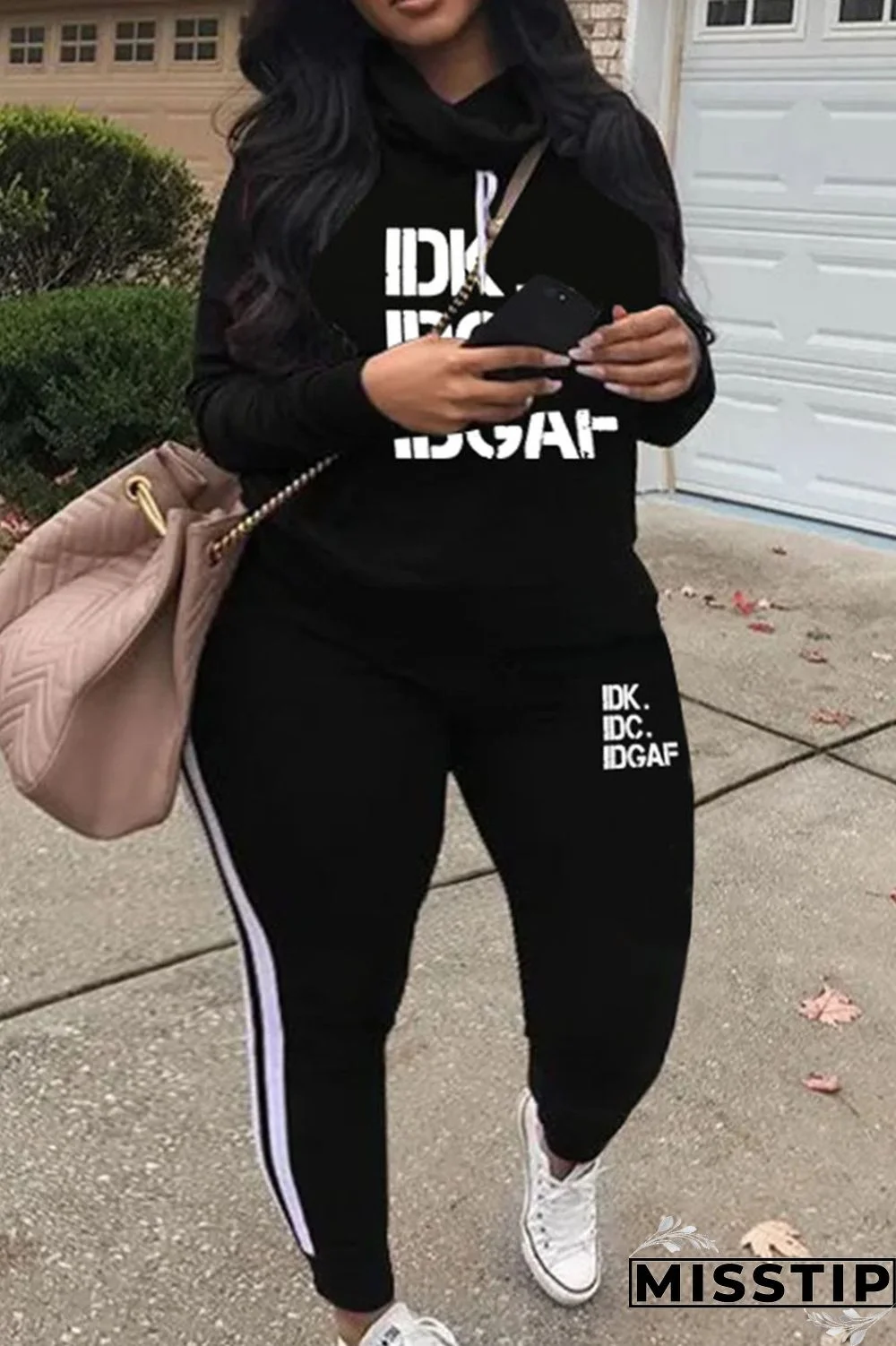 Green Casual Print Patchwork Turtleneck Plus Size Two Pieces