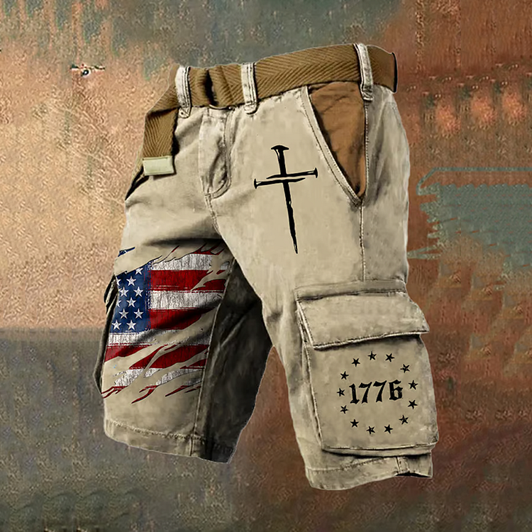 VChics Men's Vintage Independence Day Flag 1776 print Cargo Shorts