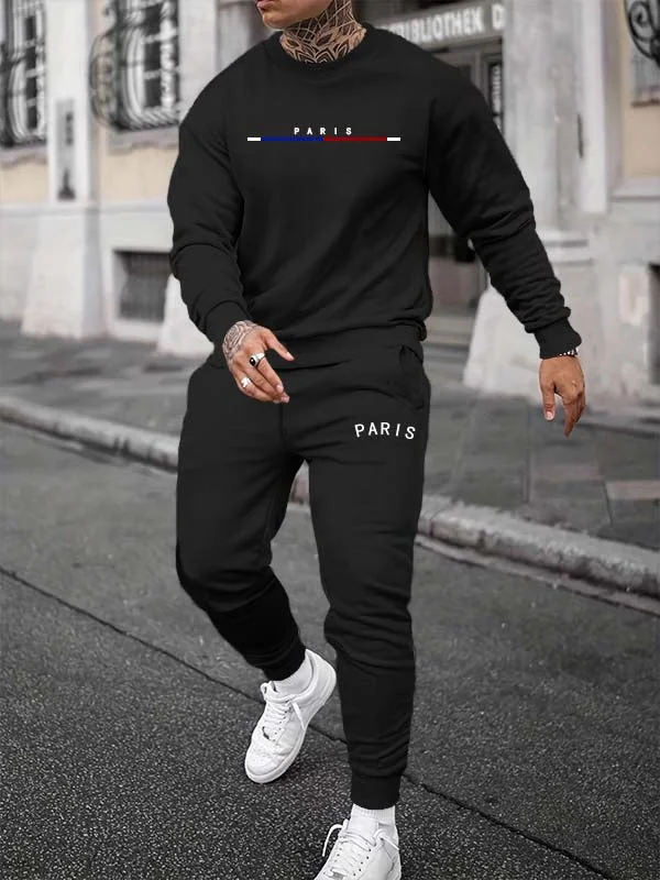 Men's "PARIS" letter print fleece casual sports suit
