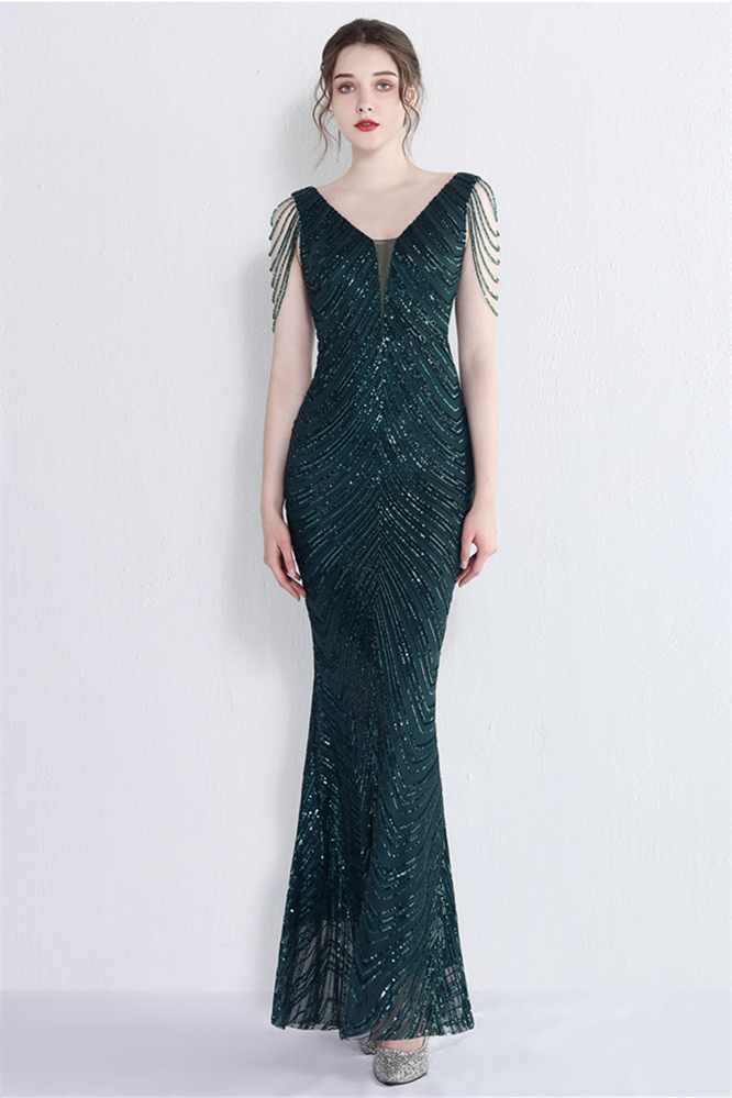 Bellasprom V-Neck Mermaid Prom Dress Long Sequins With Drop Beads on Shoulder Bellasprom