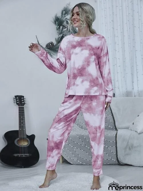 Tie-dye Round Neck Top and Drawstring Pants Lounge Set