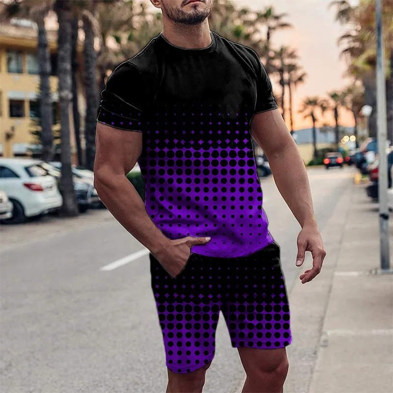 紫色 Men's black and purple gradient printed round collar short sleeve suit.jpg