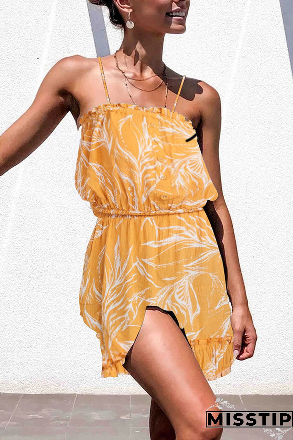 Floral Ruffles Buttoned Chiffon Cami Dress