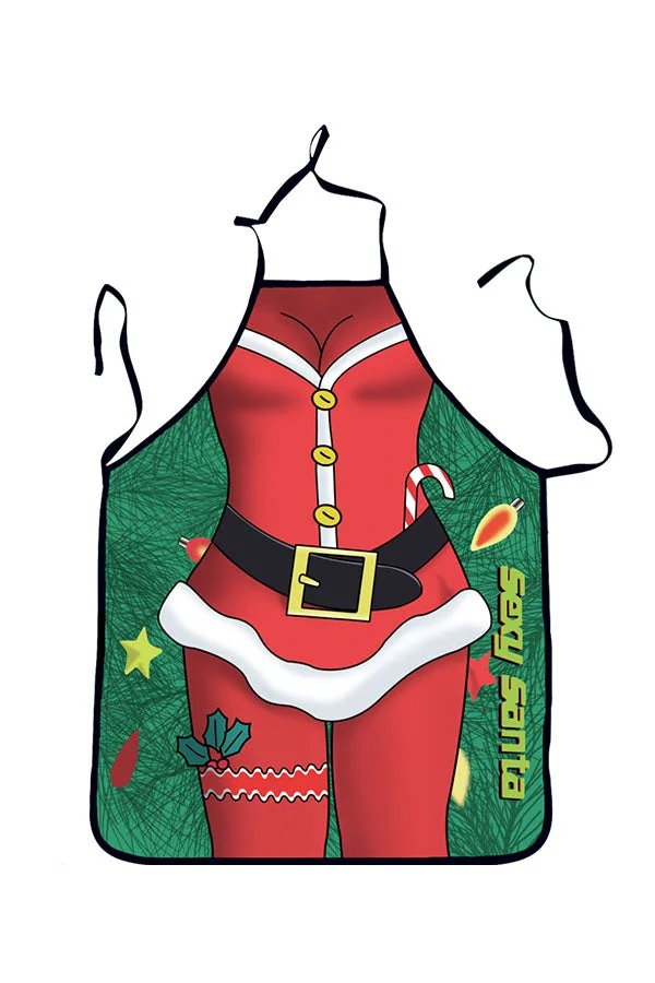 Funny Adult Party Cosplay Sexy Santa Print Christmas Apron Red-elleschic