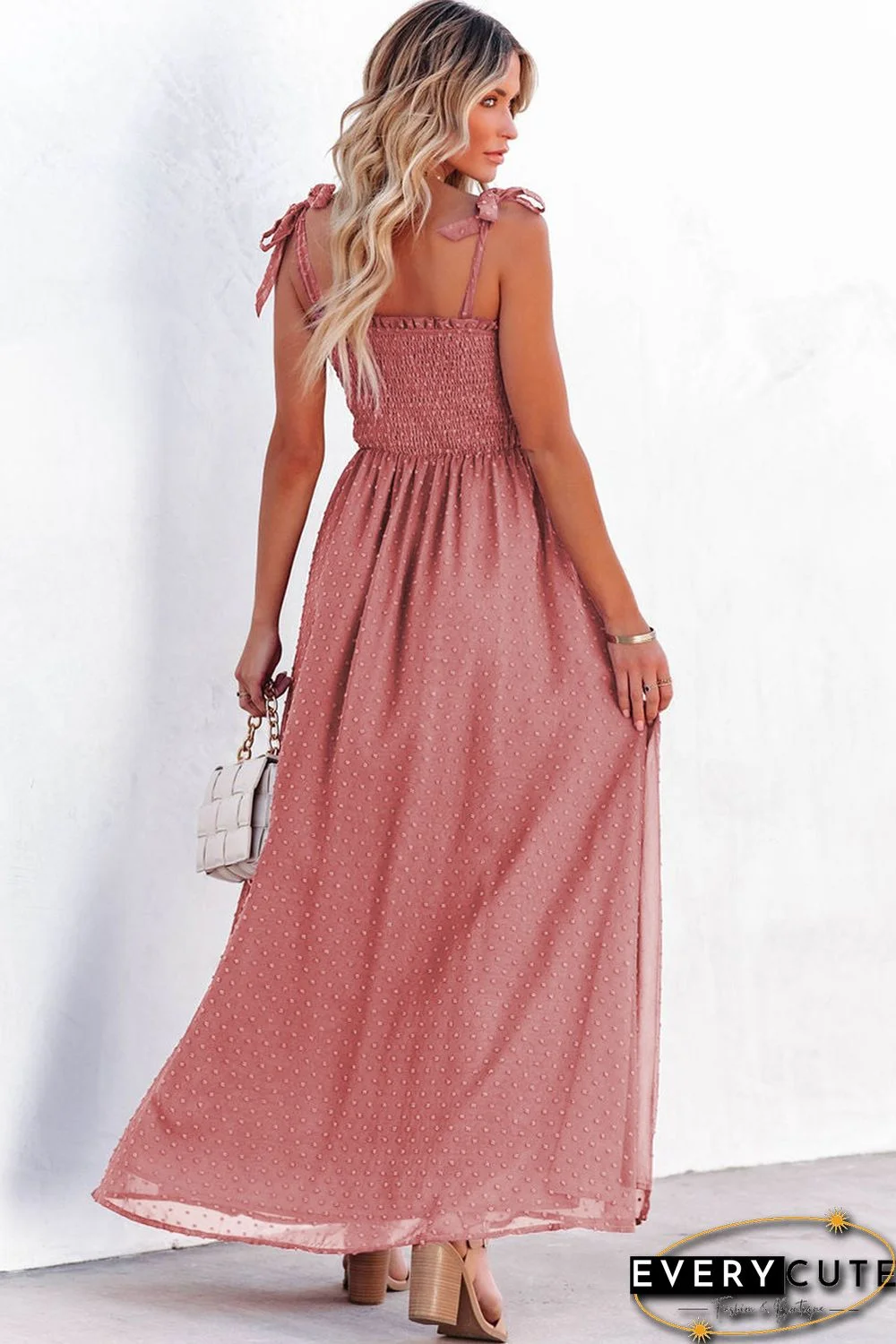 Red Smocked Swiss Dot Maxi Dress